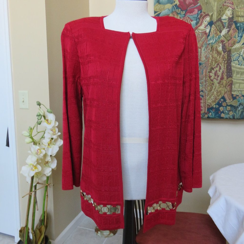 Misook Red Gold RingFringe Trim knit Cardigan jacket